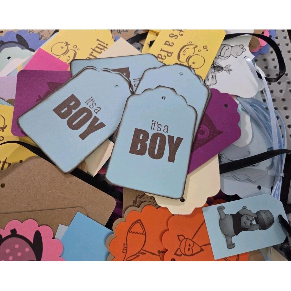 Announcement Gift Tags Some with String Mixed Stamped Designs Baby Shower - Picture 3 of 7